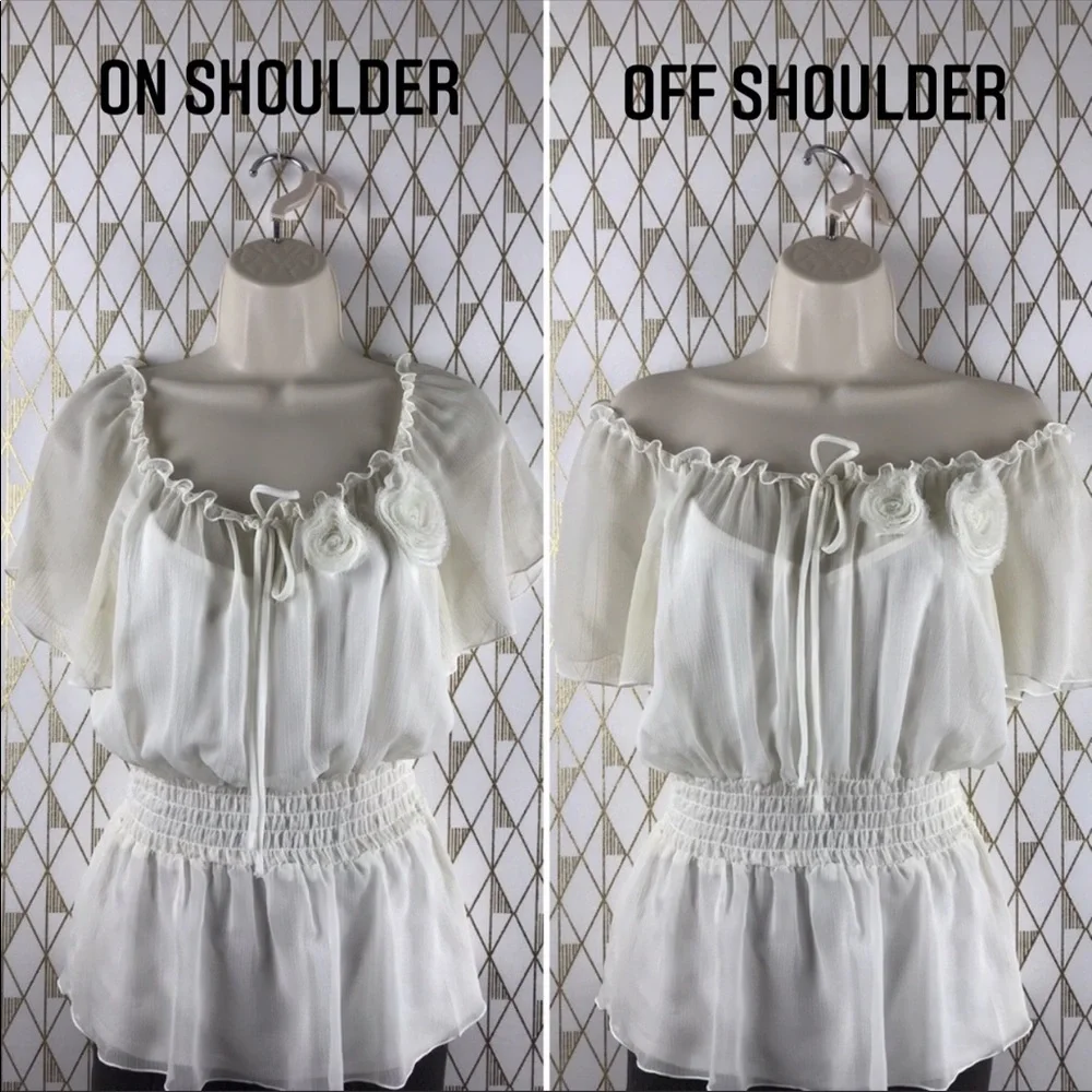 Flutter Sleeve Sheer Chic Cream Blouse Top - Picture 7 of 16